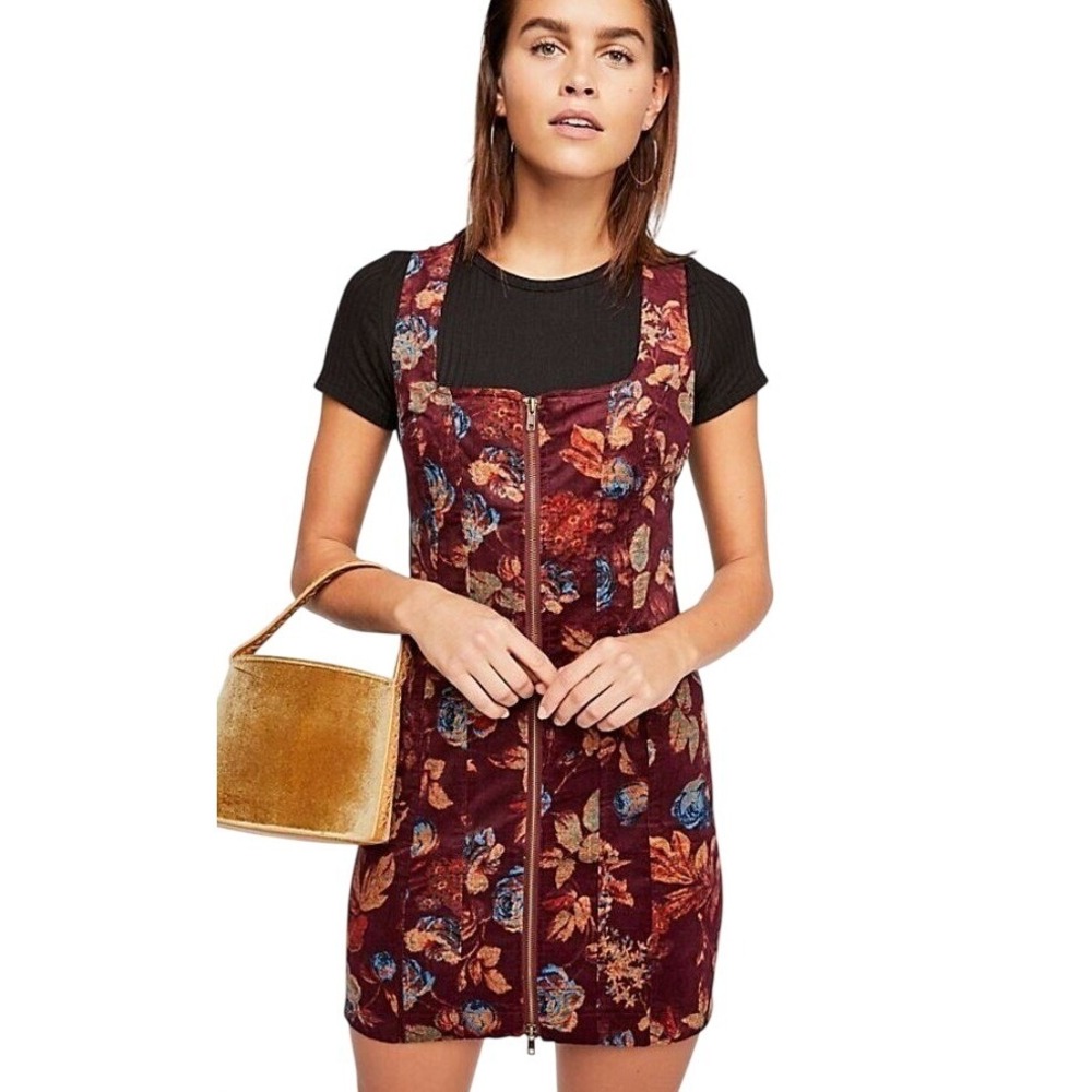 Free‎ People Dark Red Floral Corduroy Zip Front Mini Dress 0